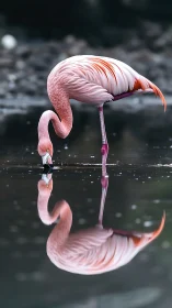 Pink flamingo drinking with clear mirrored reflection.