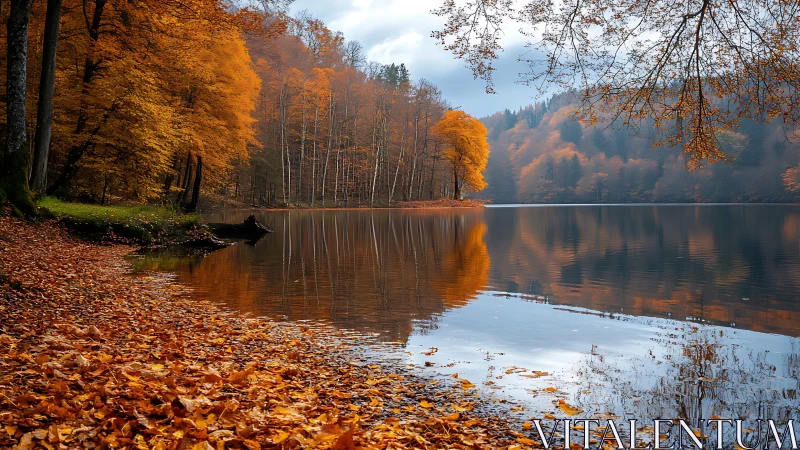 Autumn lakeside forest with mirrored golden foliage reflections.