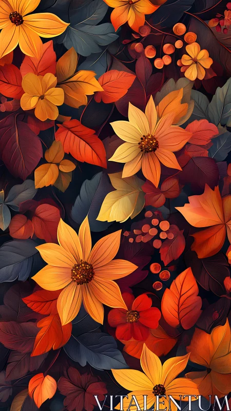 Layered botanical composition with overlapping orange and red flowers
