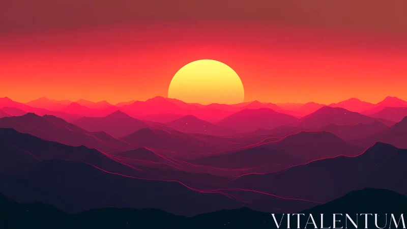 Neon sun descends over stylized mountains at radiant dusk.