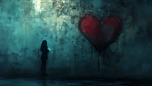Silhouetted figure confronts large red heart on deteriorating teal wall