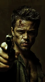 Close-up gritty portrait of armed man using shallow depth of field