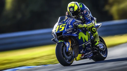 MotoGP rider leans into high-speed corner on race circuit.