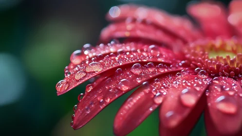 Red daisy petals curve under dew in tight macro focus