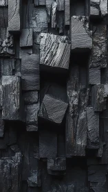 Macro close-up of stratified charcoal blocks with deep relief