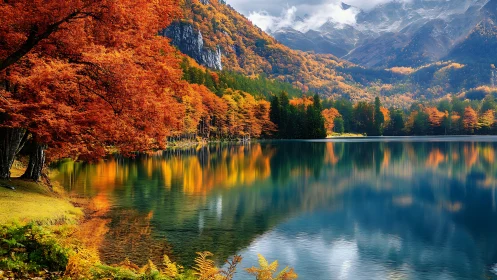High-saturation autumn lake reflection under partially clouded alpine peaks