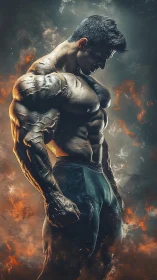 Muscular male bodybuilder stands in profile amid fiery haze