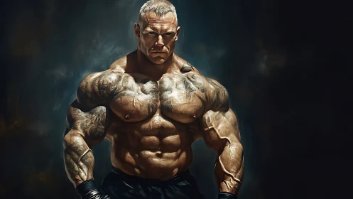Tattooed bodybuilder portrait in dramatic digital painting.