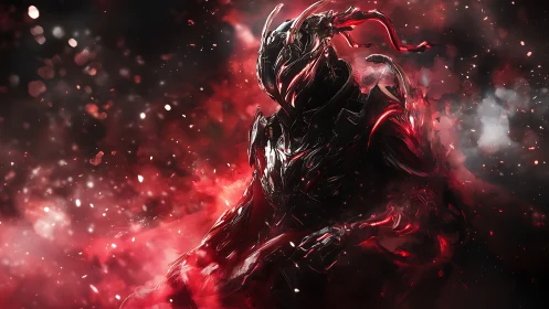 Infernal cyber knight in red fractal energy storm.