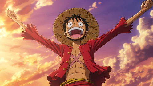 Joyful straw hat adventurer celebrates under glowing skies