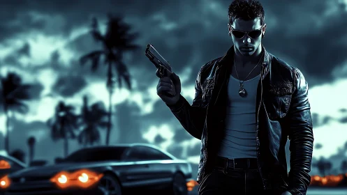 Brooding gunman in neon-lit coastal night standoff scene.