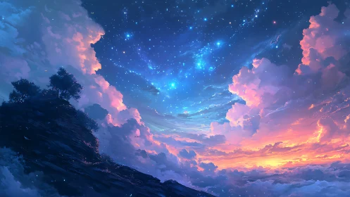 Celestial twilight sky merges nebula-like clouds and starfields