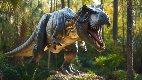 Predatory theropod animatronic amid sunlit subtropical forest.