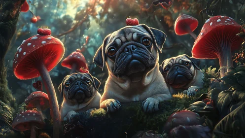 Trio of pugs in luminous mushroom forest rendered realistically