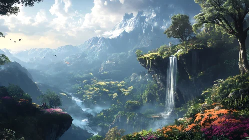 Expansive mountain valley with waterfalls and dense vegetation.