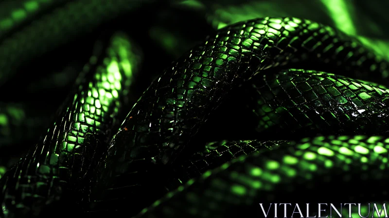 Close view of glossy green snake scales under hard light.
