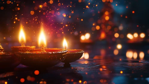 Photorealistic Diya Candle Row with Warm Bokeh Illumination.