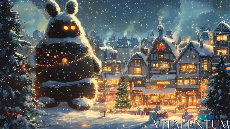 Giant glowing snow creature beside festive winter village.
