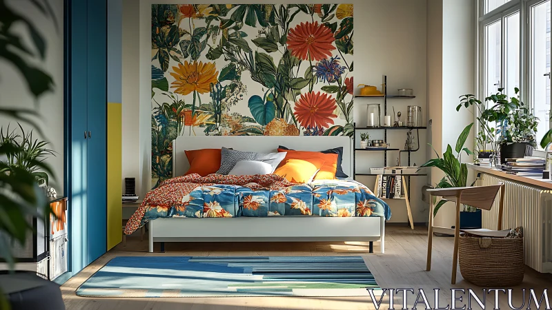 Colorful modern bedroom showcases bold floral accent wall