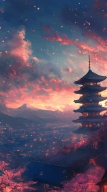 Pagoda above illuminated city at sunset with distant mountain.