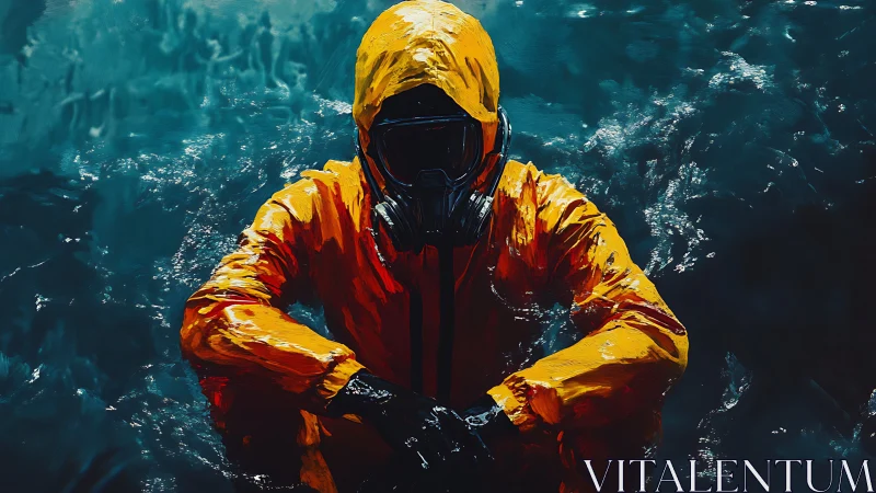 Solitary explorer in orange hazmat gear on dark waters.