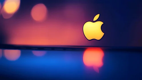 Golden Apple Logo Against Neon Gradient Bokeh Backdrop.
