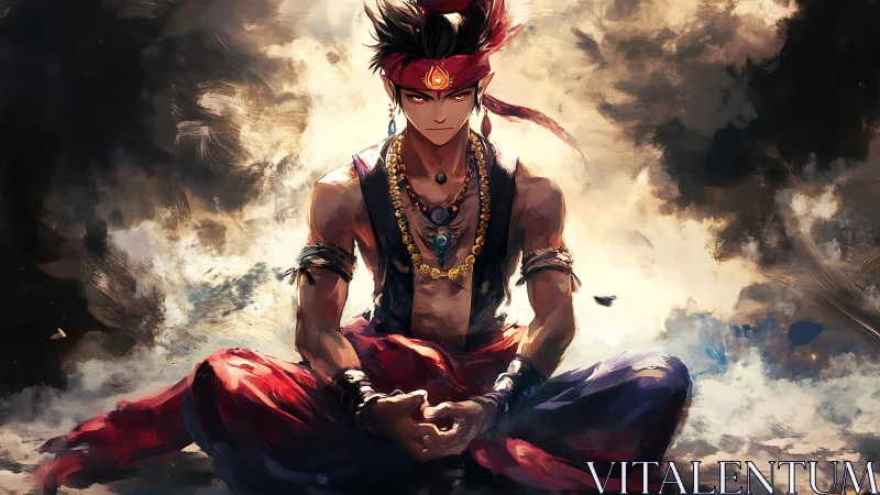 Fire-kissed warrior meditates in a storm of swirling light.