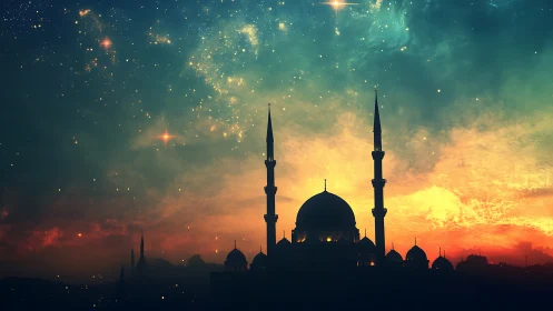 Starlit mosque silhouette beneath radiant cosmic dusk sky.