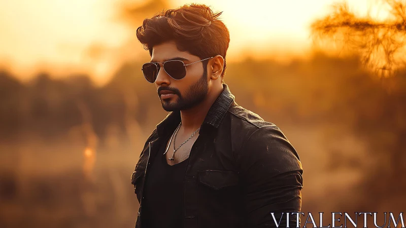 Man in sunglasses outdoors at sunset with warm backlight.