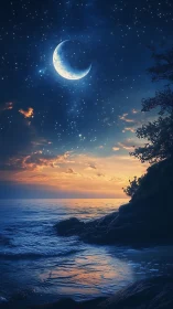 Crescent moon hangs over illuminated seascape at dusk.