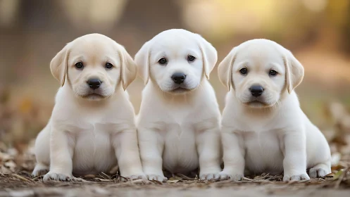 Three cream-colored Labrador puppies sit outdoors facing camera