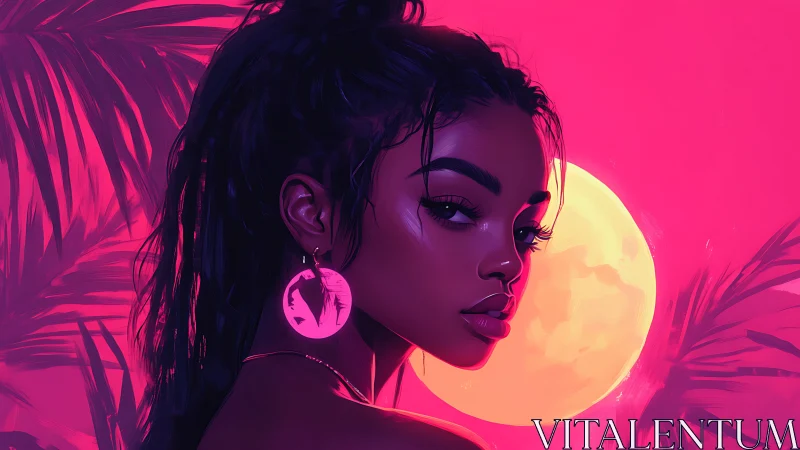 Neon-lit portrait under glowing tropical moonrise.