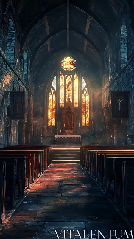 Sunlit gothic church interior glows with quiet reverence