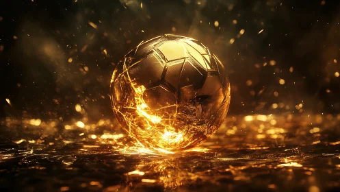 Glowing molten gold soccer ball rests on reflective surface