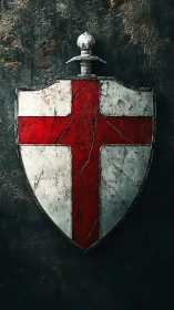 Weathered crusader shield with red cross and surface microfractures