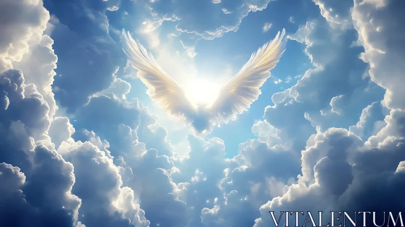 Radiant white wings emerging from bright light in clouds.