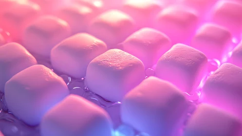 Grid of soft geometric forms under pink and blue light.