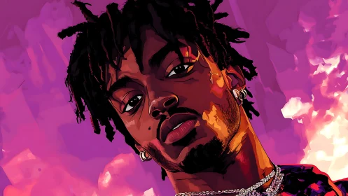 Vibrant digital portrait bathed in bold pink and purple light.