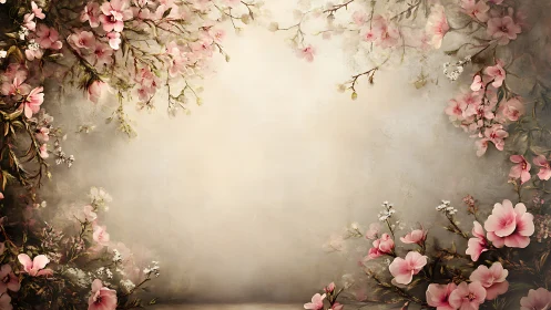 Botanical Composition with Cascading Pink Flowers and Atmospheric Depth