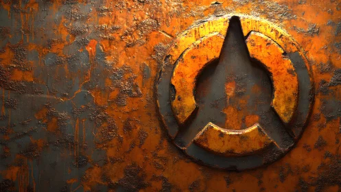 Weathered Hazard Symbol on Rusty Metal Surface, Industrial Style.