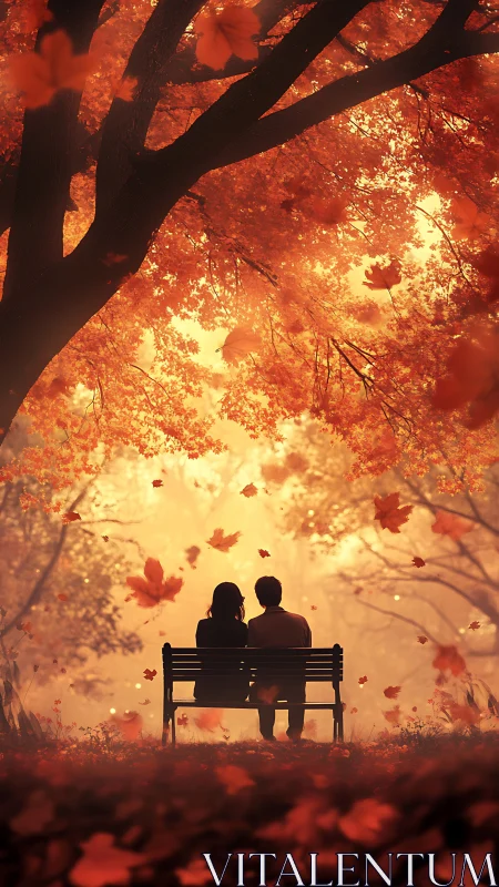 Two people on bench under autumn tree canopy