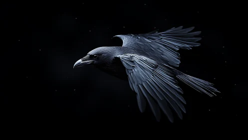 Raven in sharp midflight against deep black void.