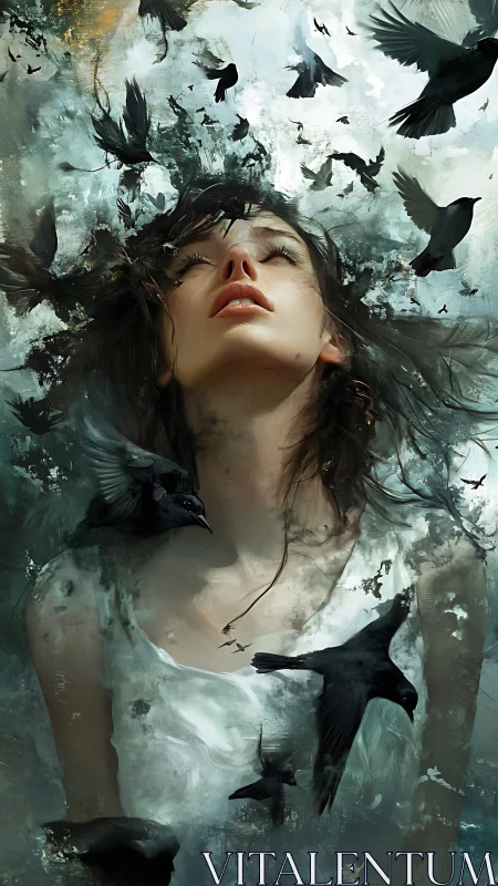 Young dreamer rising among ravens and swirling sky.