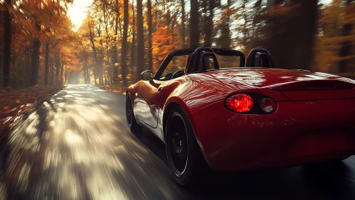 Red roadster accelerates through sunlit autumn forest road.