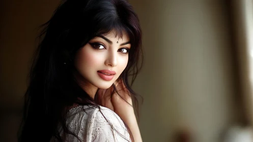 Soft light embraces a serene woman with a gentle gaze