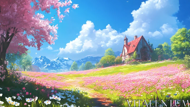Spring cottage overlooks vivid flower meadow and peaks.