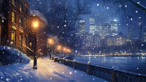 Snowy riverside street contrasts warm homes and cold skyline.