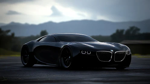Sleek black sports coupe on wet runway at dusk.