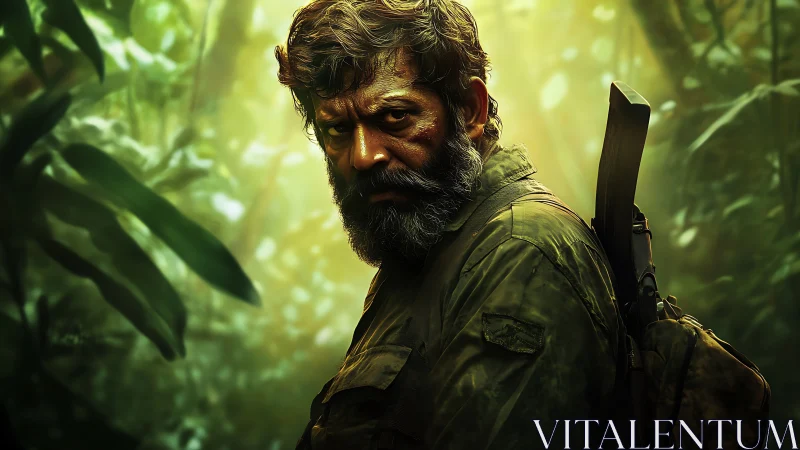 Weathered jungle sentinel with rifle and haunted gaze.