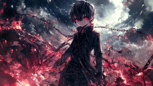 Crimson chainbinder boy under storm-torn twilight sky.